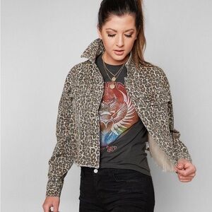 Free People Leopard Print Cropped Denim Jacket Small Animal Print EUC